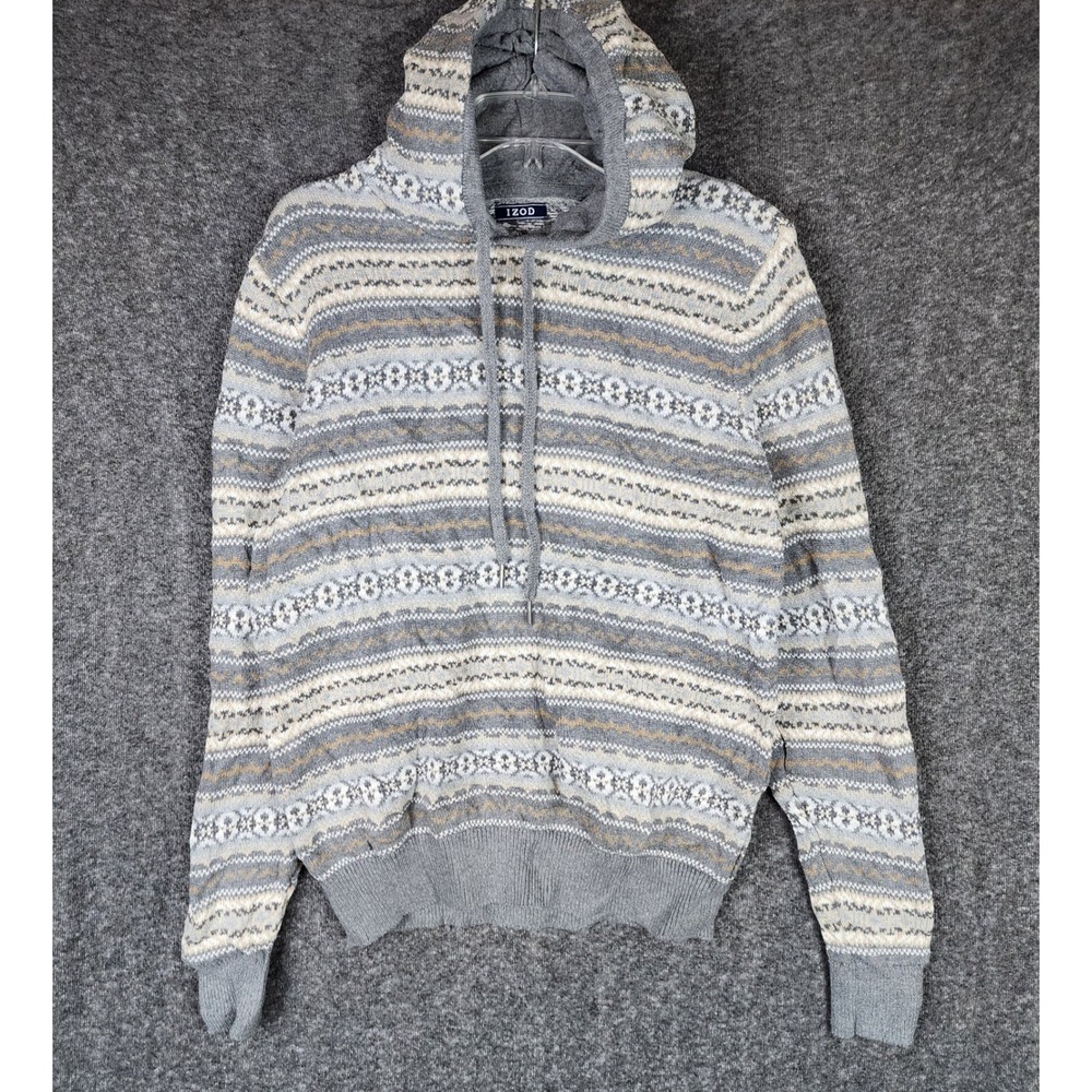 IZOD Hoodie Mens Medium Fair Isle Knit Pullover Grey Long Sleeve EUC